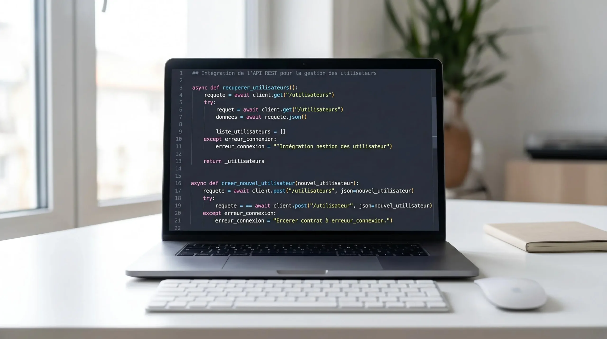 Écran d'ordinateur affichant du code d'intégration API REST pour recommandé électronique, interface de développement moderne sur bureau minimaliste avec lumière naturelle
