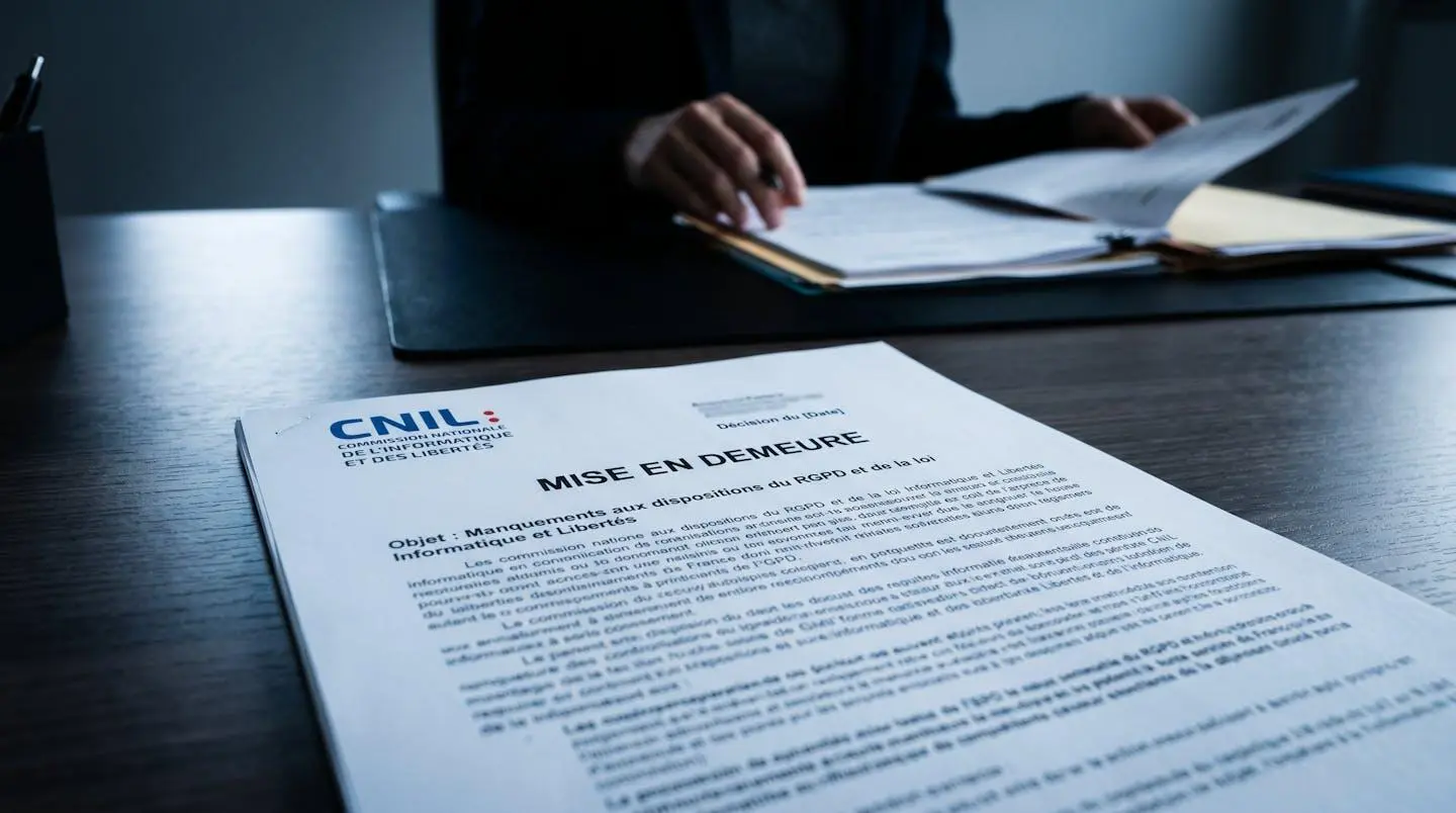 Gros plan sur un document de mise en demeure CNIL posé sur un bureau professionnel, mains d'une personne consultant des documents juridiques en arrière-plan flou