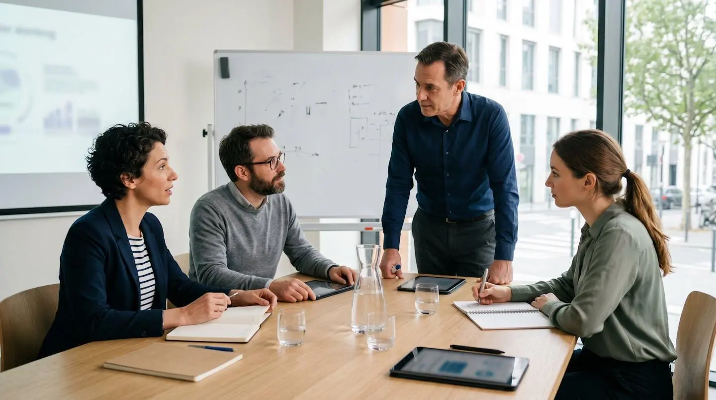 Groupe de professionnels en session de formation collaborative autour d'une table, formateur facilitant les échanges dans une salle moderne lumineuse