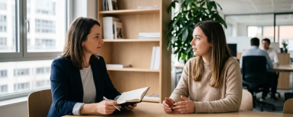 Manager et collaborateur en entretien individuel dans un bureau contemporain lumineux, assis à une table de réunion, discussion constructive dans une atmosphère sereine