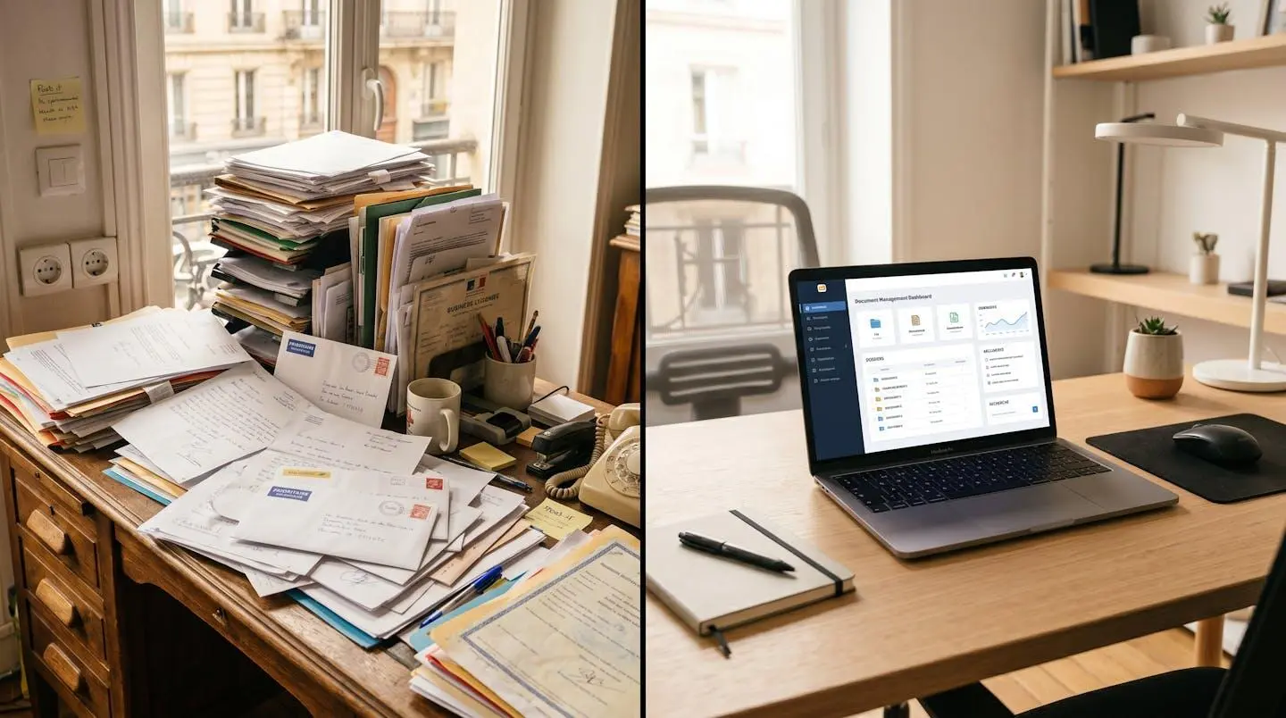 Contraste entre un bureau encombré de courriers papier et un espace de travail épuré avec interface numérique de gestion documentaire