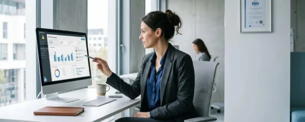 Responsable IT consultant un tableau de bord CRM sur écran d'ordinateur dans un bureau moderne avec lumière naturelle, environnement professionnel épuré évoquant la conformité numérique
