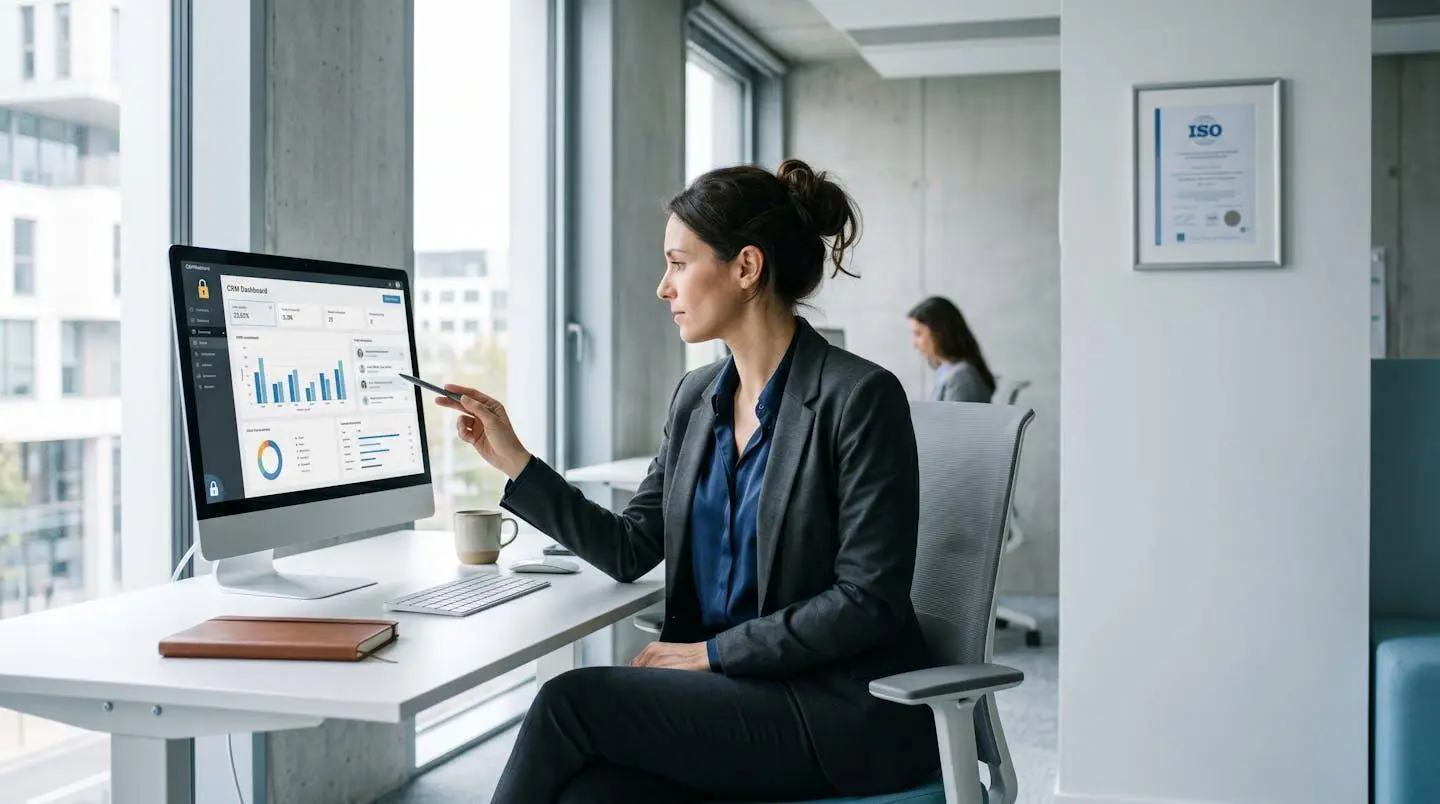 Responsable IT consultant un tableau de bord CRM sur écran d'ordinateur dans un bureau moderne avec lumière naturelle, environnement professionnel épuré évoquant la conformité numérique