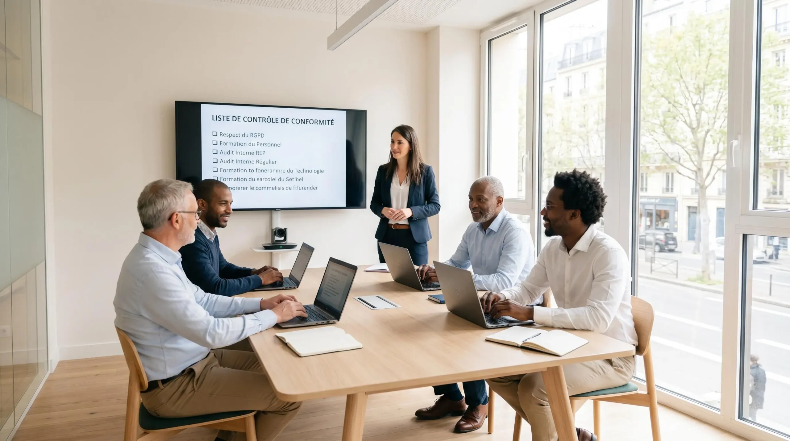 Session de formation professionnelle avec petite équipe autour d'une table de réunion moderne, formateur devant écran affichant checklist de conformité, lumière naturelle abondante
