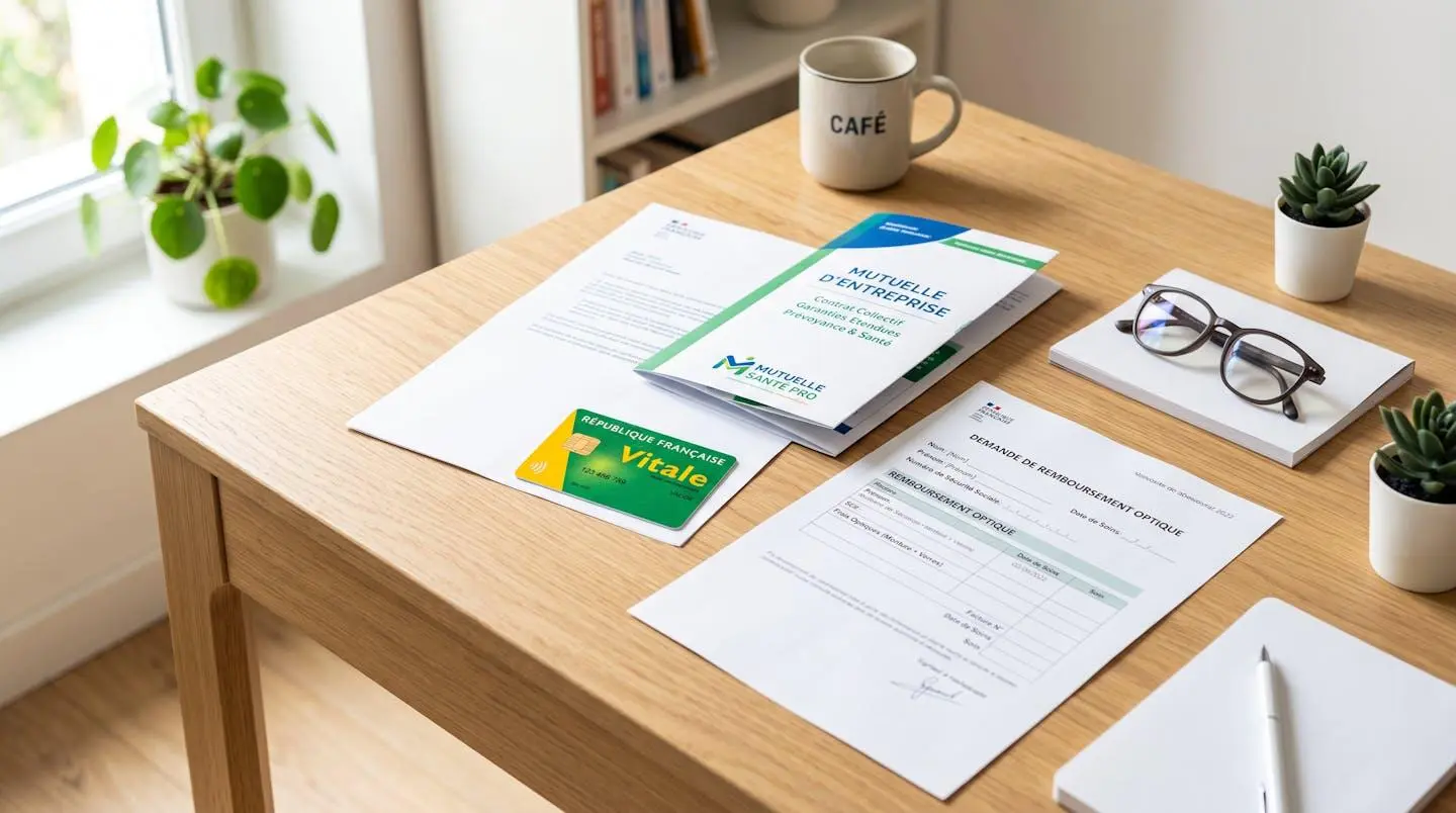 Carte vitale et documents de mutuelle d'entreprise avec formulaires de remboursement en français sur bureau blanc