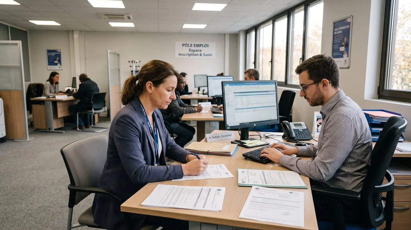 Consultant dans une agence Pôle emploi effectuant ses démarches d'inscription au chômage avec documents de fin de mission portage
