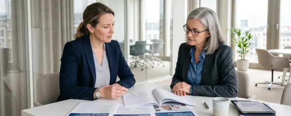Consultant rencontrant un conseiller dans un bureau moderne avec documents de protection sociale étalés sur le bureau