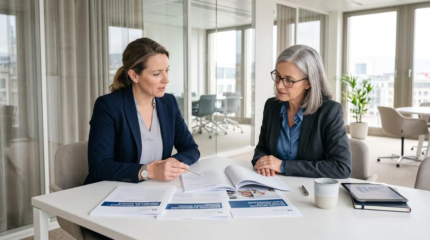Consultant rencontrant un conseiller dans un bureau moderne avec documents de protection sociale étalés sur le bureau