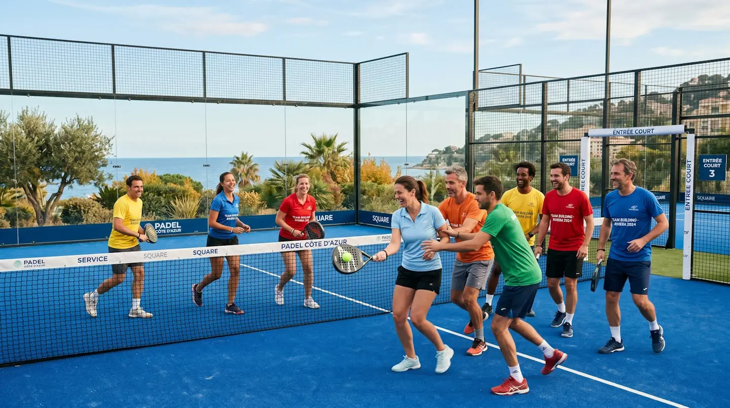 Équipe professionnelle en tenue sportive lors d'une activité de team building sur court de padel extérieur sous lumière automnale douce sur la Côte d'Azur, démontrant cohésion et énergie collective
