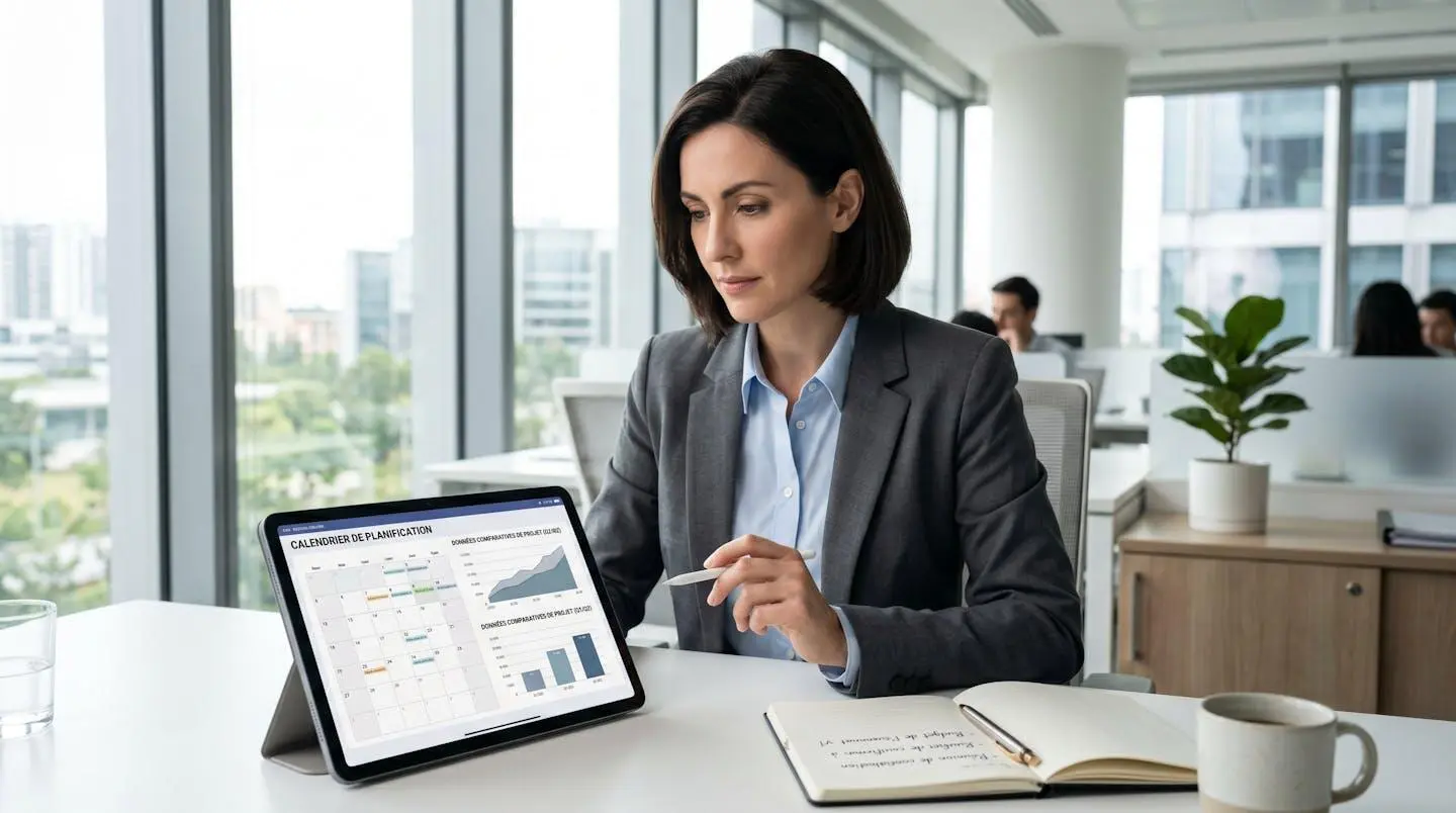 Responsable RH concentrée analysant calendrier et données comparatives sur tablette numérique dans bureau contemporain lumineux, en phase de décision pour planification de séminaire