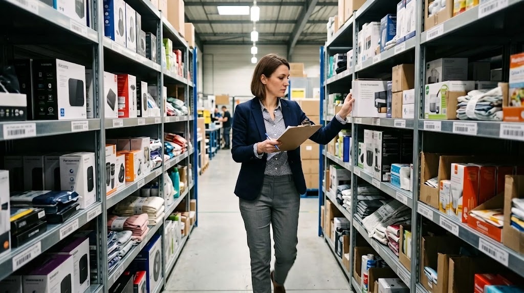 Consultant conducting product catalog audit while examining inventory organization in a distribution center