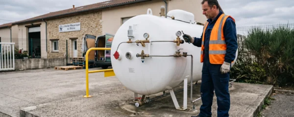 Technicien inspectant une citerne de propane professionnelle installée à l'extérieur d'un établissement commercial.