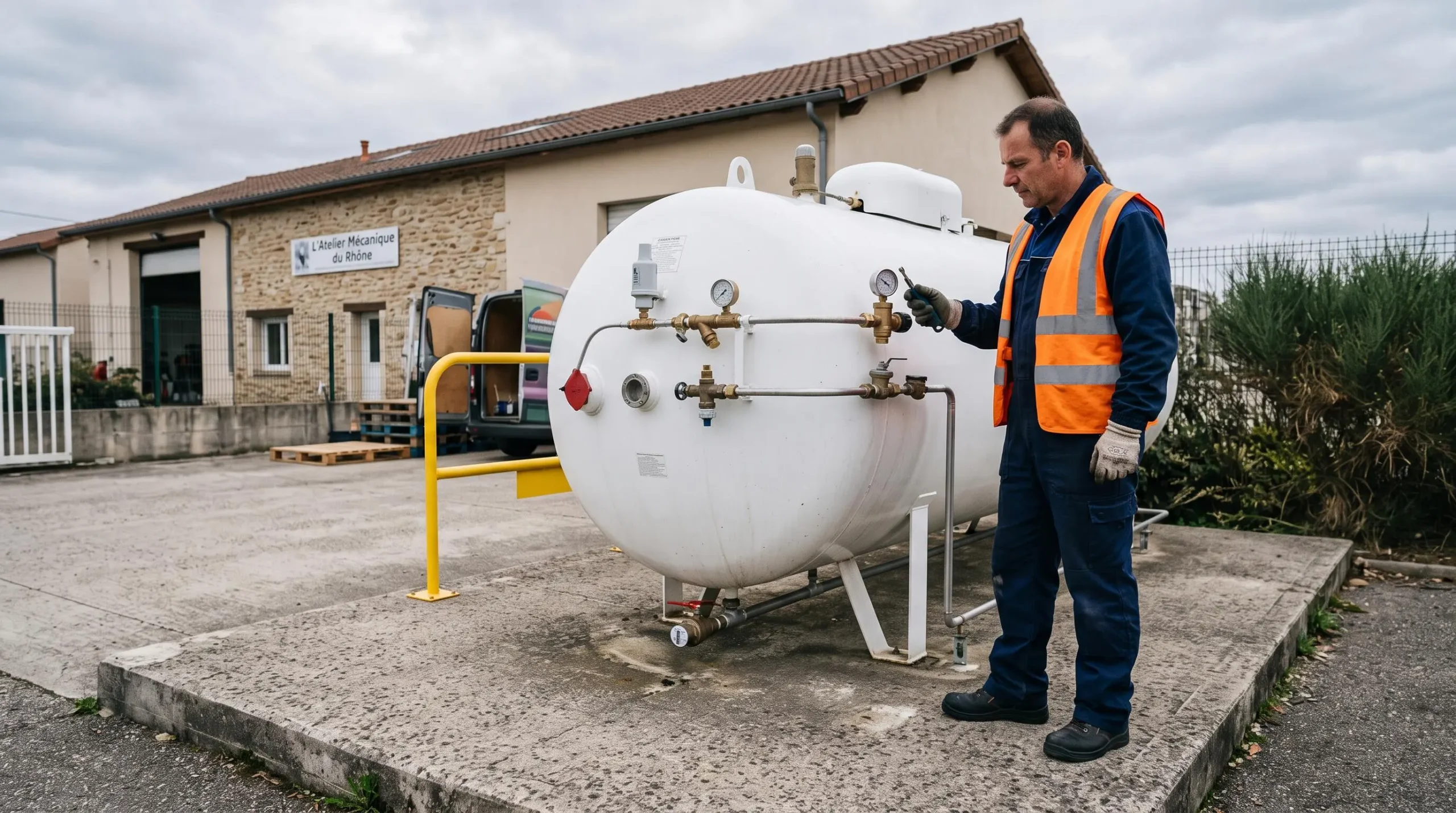 Technicien inspectant une citerne de propane professionnelle installée à l'extérieur d'un établissement commercial.