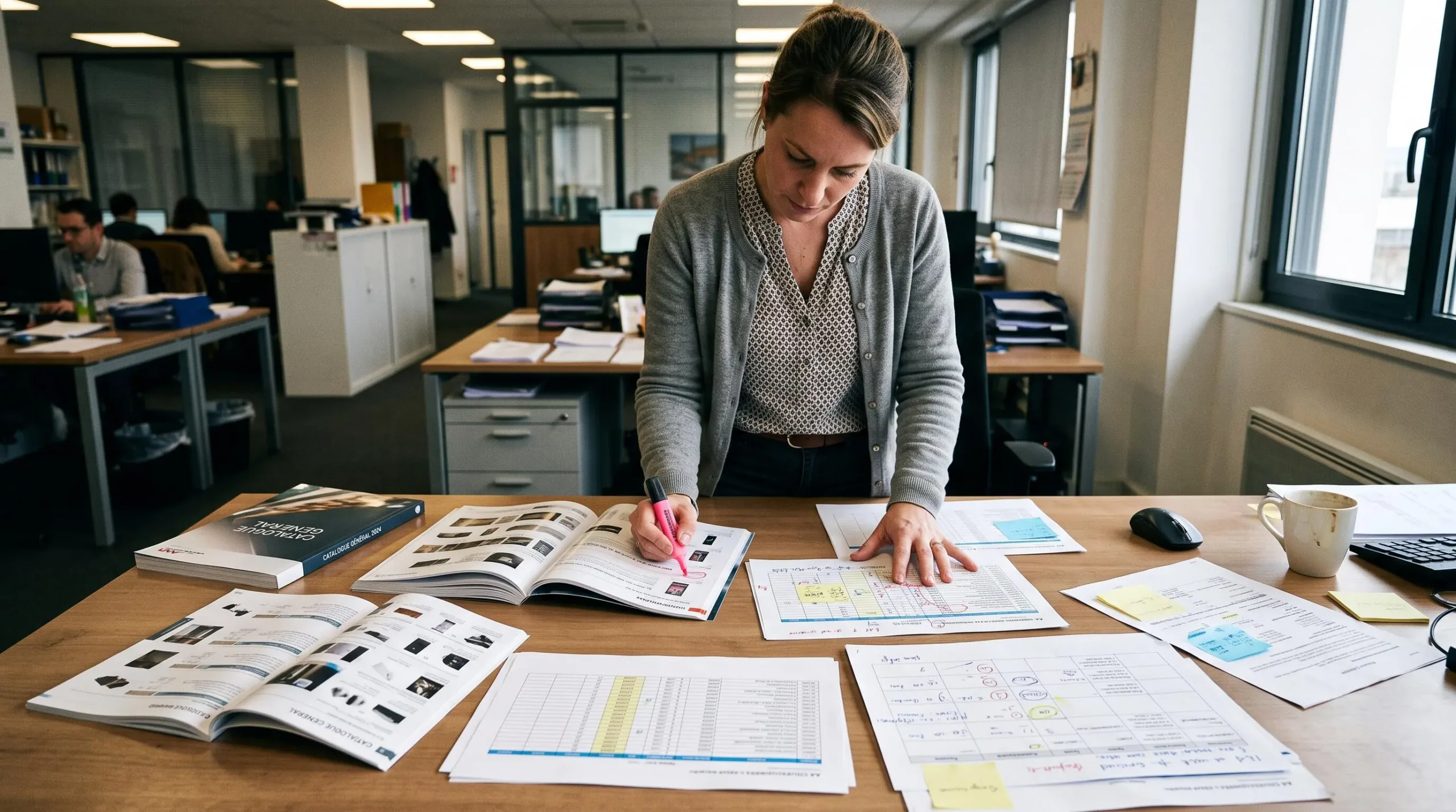 Product manager comparing multiple catalog versions and spreadsheets to reconcile product data manually