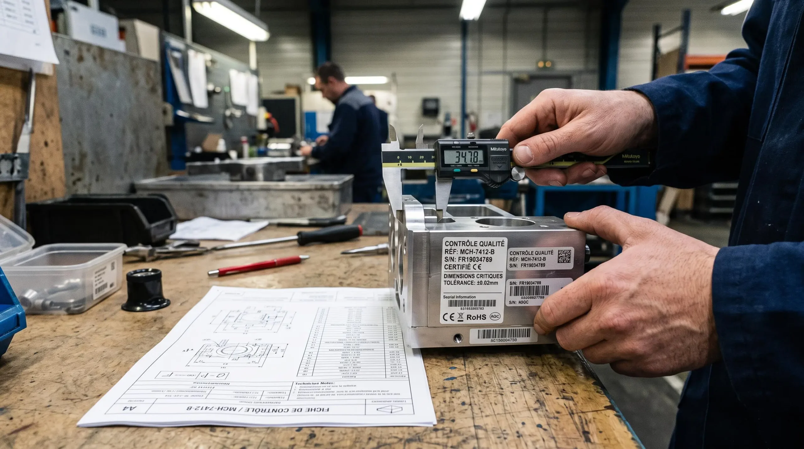 Quality technician inspecting technical product specifications with measurement tools and detailed documentation