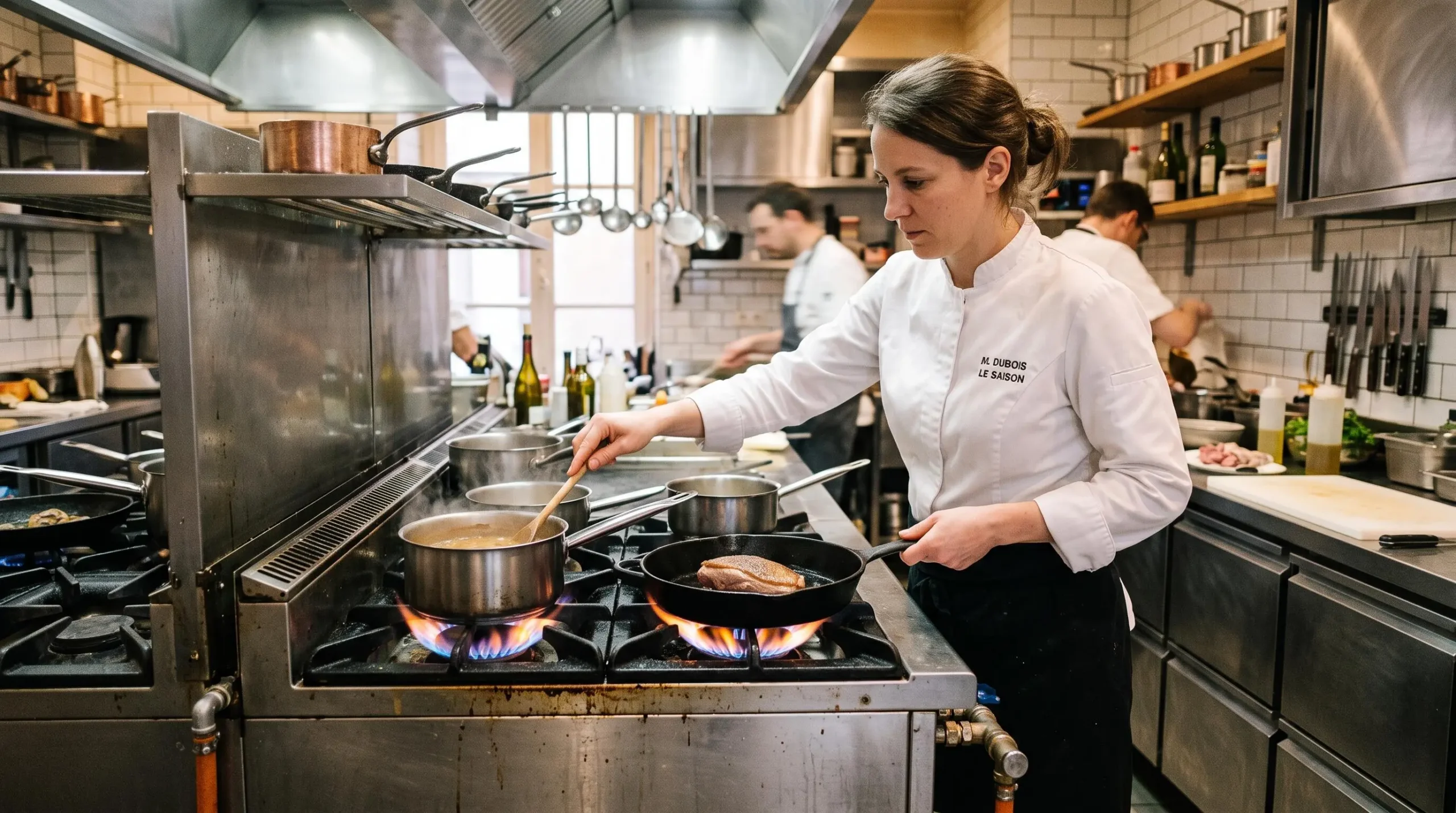 Chef cuisinant sur un piano de cuisson professionnel au propane dans une cuisine de restaurant.