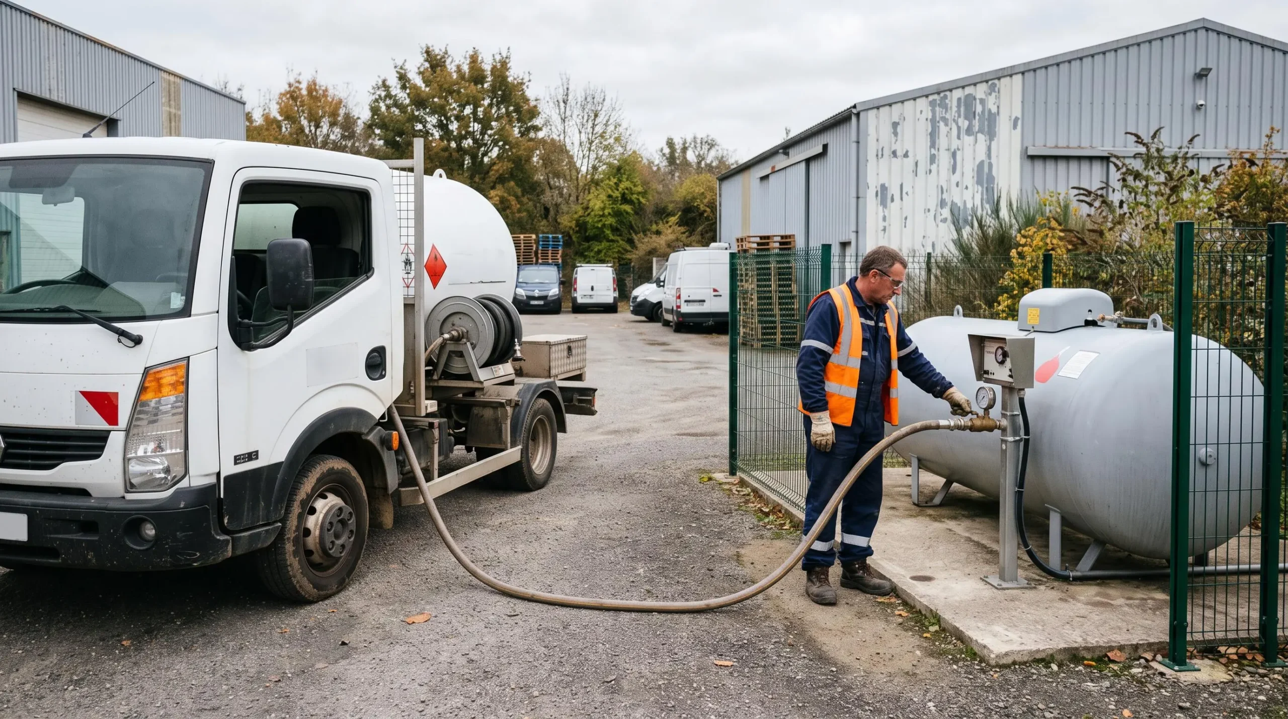 Camion-citerne de livraison remplissant une citerne de propane professionnelle avec un technicien surveillant l'opération.