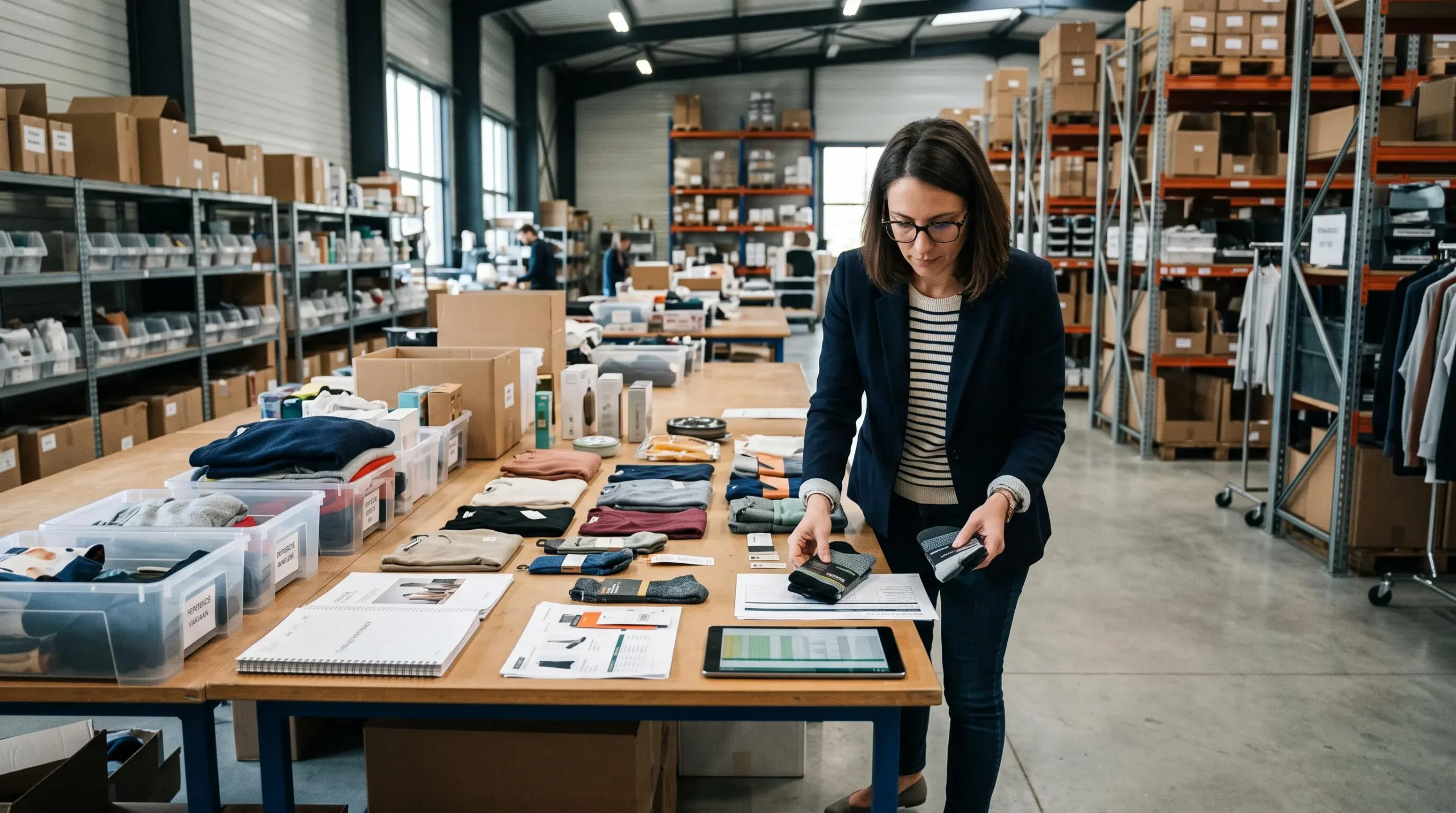 Merchandising manager organizing multiple product variants and specifications in an e-commerce workspace