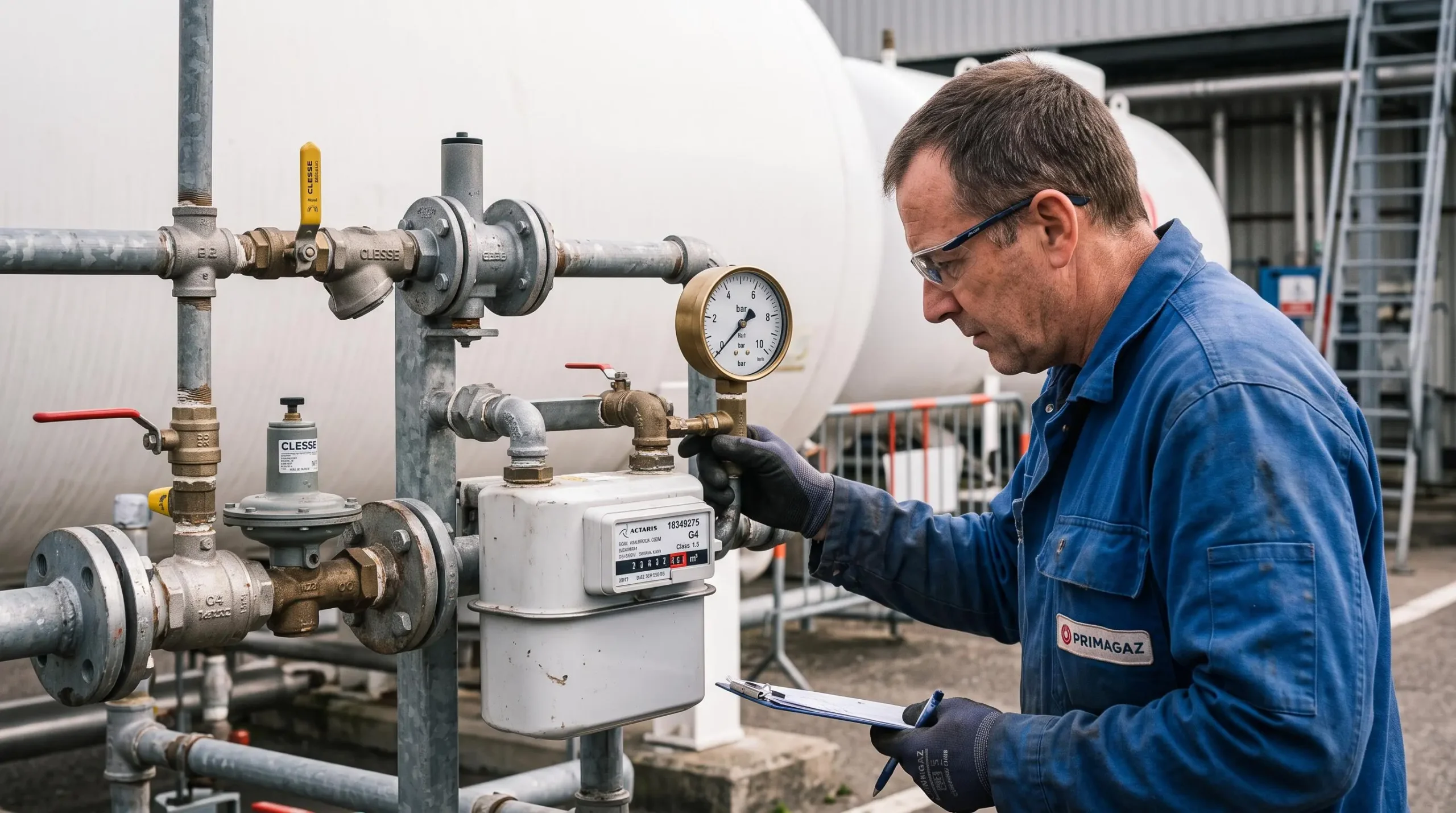 Technicien effectuant un relevé sur un compteur et manomètre d'une installation de propane professionnelle.
